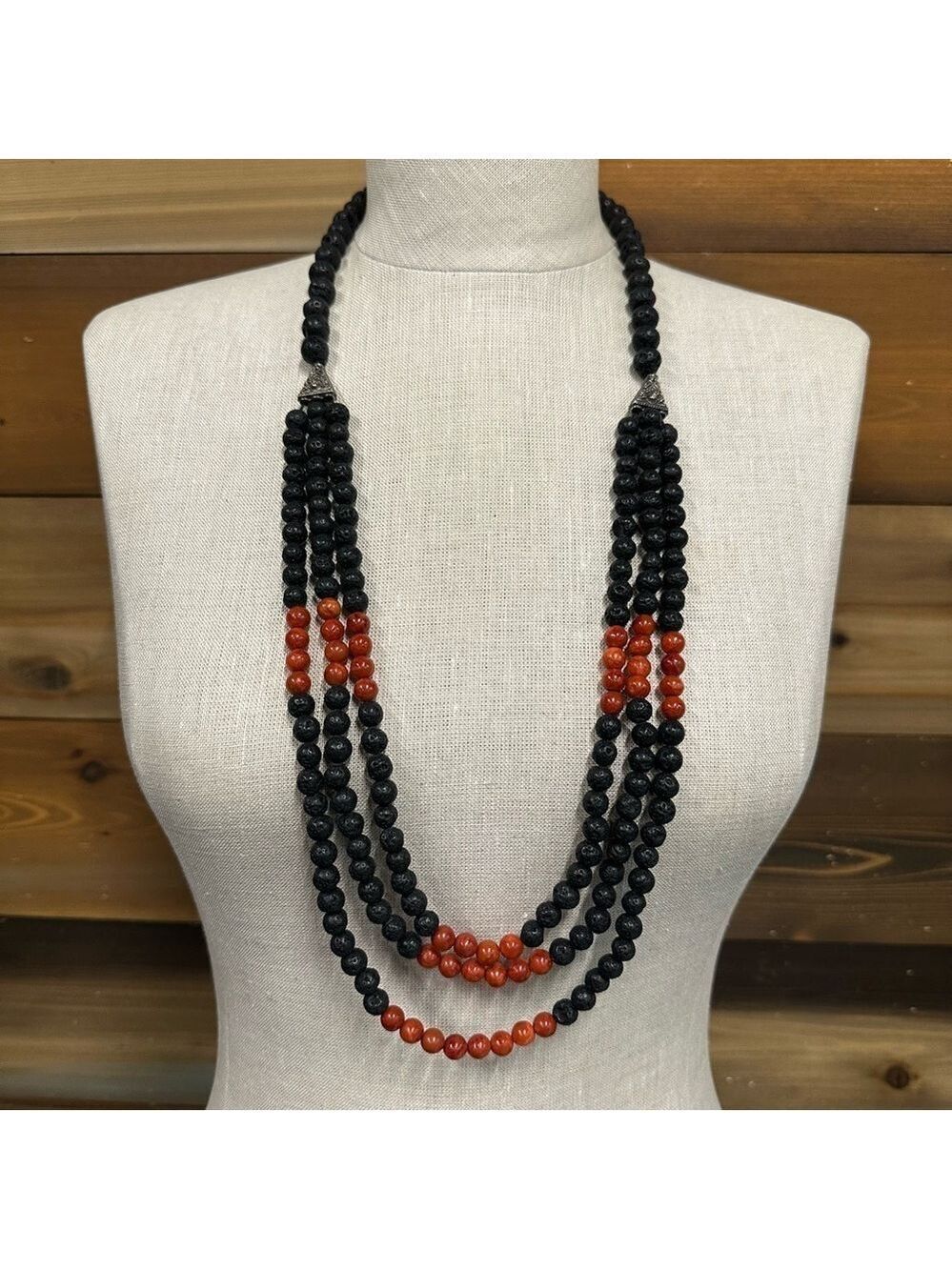 Lava Stone red sponge coral 3 row beaded necklace